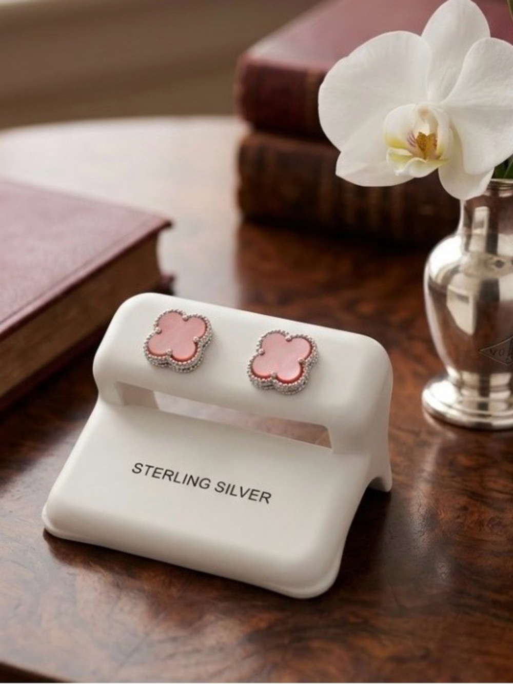 Sterling Silver Pink Topaz Clover Stud Earrings 8MM